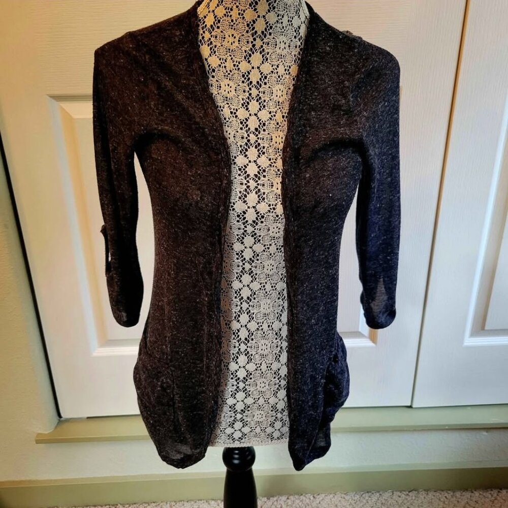 Women's Dark Grey Open-Front Cardigan With Three-Quarter Length Sleeves